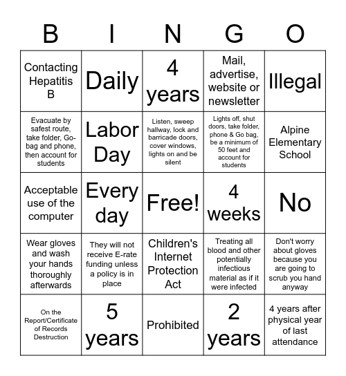 Policies, Procedures and Other Information Bingo Card