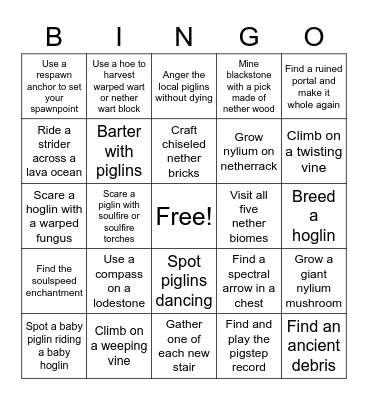 Nether Update Bingo Card