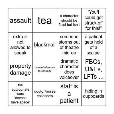 Holby City Bingo Card