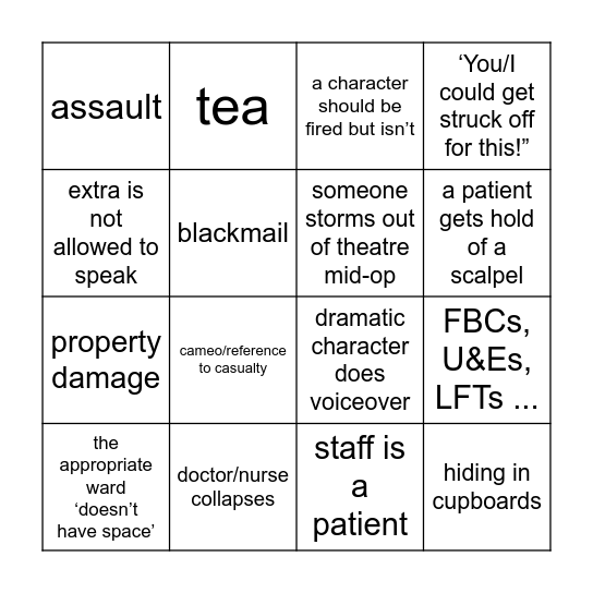Holby City Bingo Card