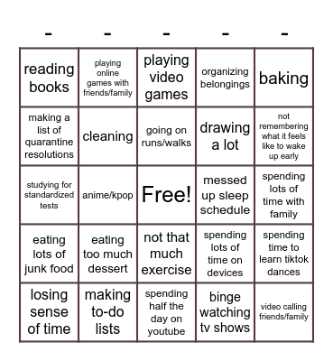 quarantine bingo!! Bingo Card