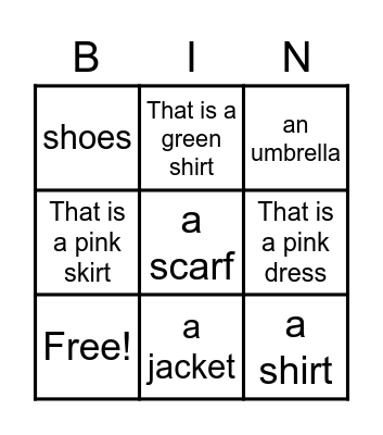Bingo-Clothes Bingo Card