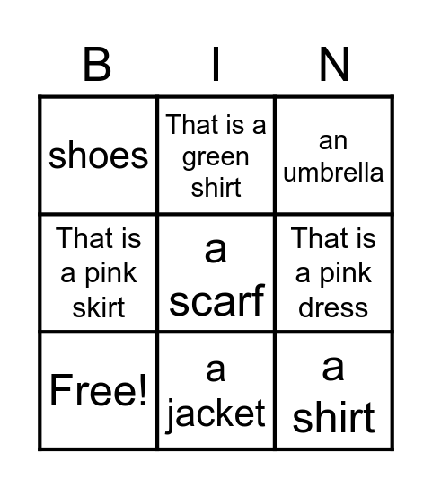 Bingo-Clothes Bingo Card