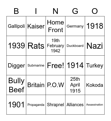 Australians at War Bingo Card