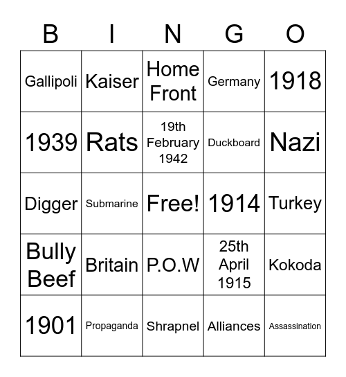 Australians at War Bingo Card