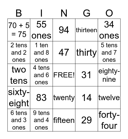 Place Value BINGO Card