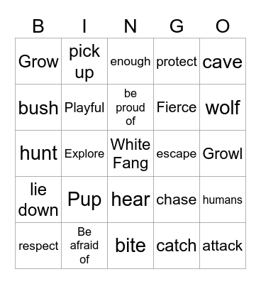 White Fang Bingo Card