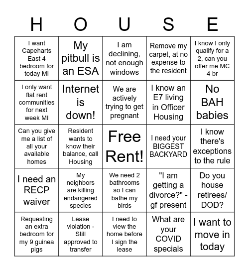 Housing Bingo Card