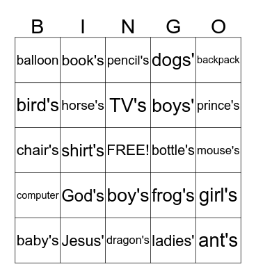 Possessive Nouns Bingo Card