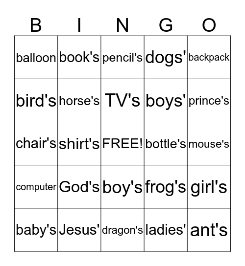 Possessive Nouns Bingo Card