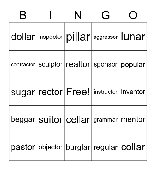 or = /er/ & ar = /er/ Bingo Card