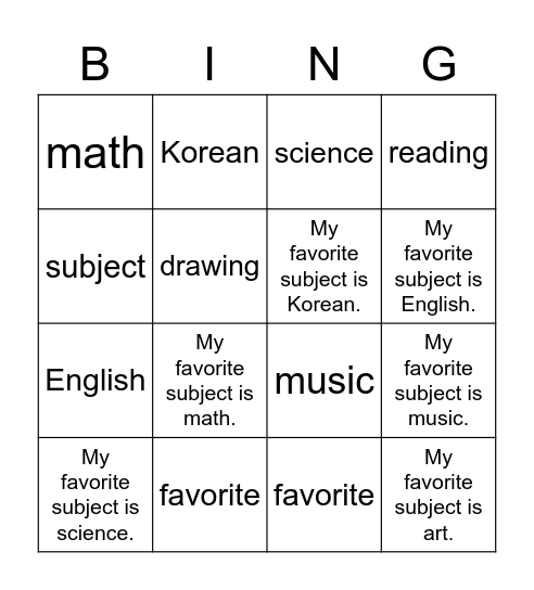 My favorite subject is music Bingo Card
