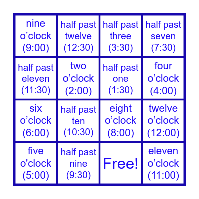 Telling Time Bingo! Bingo Card