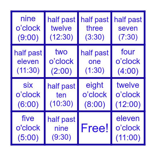 Telling Time Bingo! Bingo Card