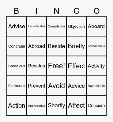 Confusing words Bingo Card