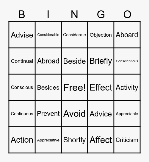 Confusing words Bingo Card