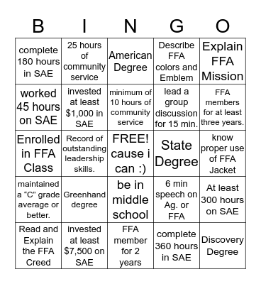 The FFA Degress Bingo Card