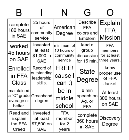 The FFA Degress Bingo Card