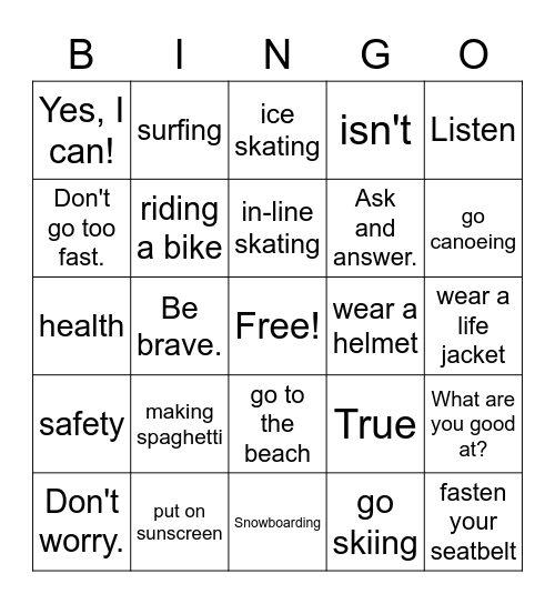 The Skating Lesson & Safety Bingo Card