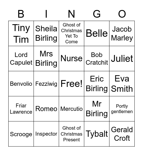 GCSE Literature Characters Bingo Card