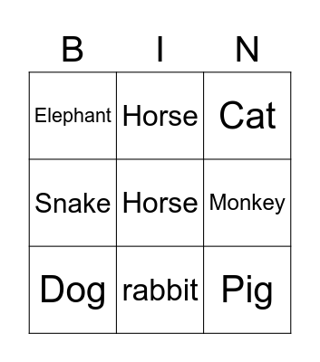 Animals Bingo Card