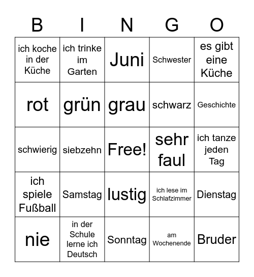 S1 German Revision Bingo Card