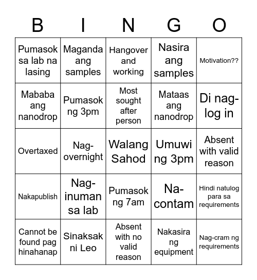 Regen Lab Bingo Card
