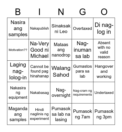 Regen Lab Bingo Card