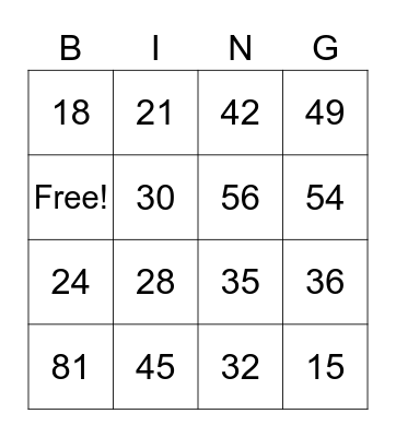 Multiplication Bingo Card