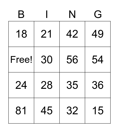 Multiplication Bingo Card