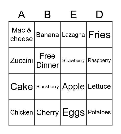 food Bingo Card