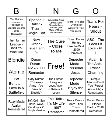 New Wave/Romantics Bingo Card