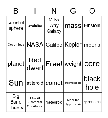 The Universe Bingo Card