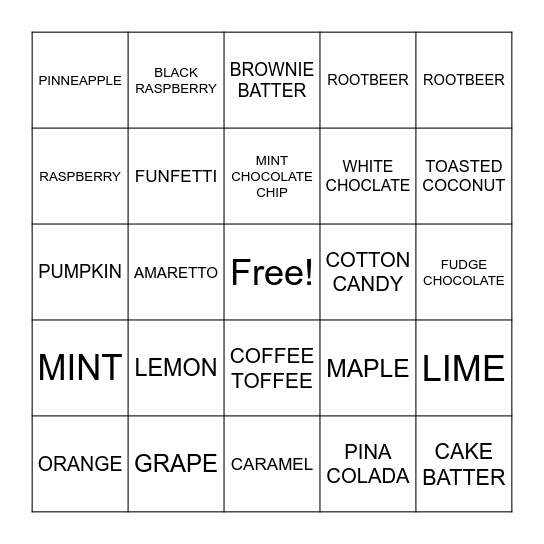 ICE CREAM FLAVORS Bingo Card