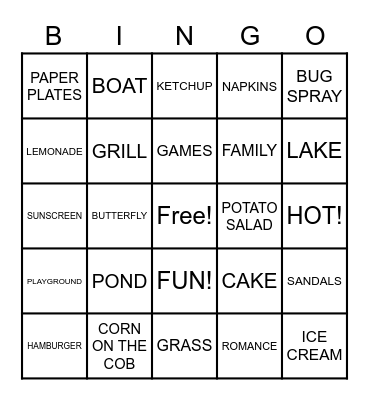 Picnic Bingo Card