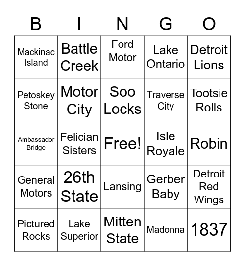 State of Michigan Bingo Card