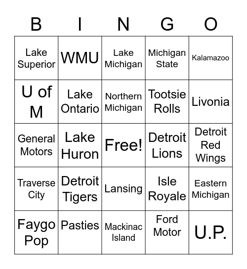 State of Michigan Bingo Card