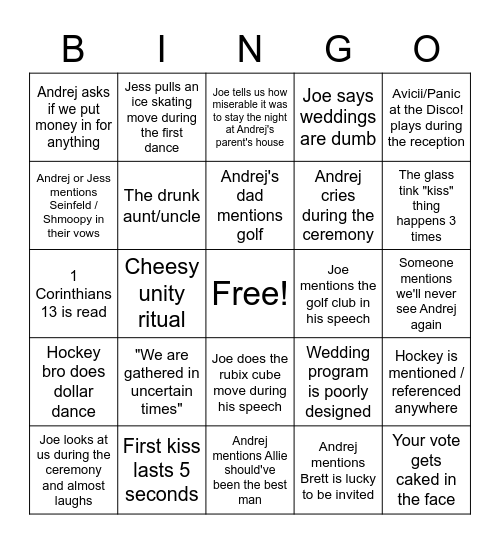 Becoming the Bitchko's Wedding Bingo Card Bingo Card