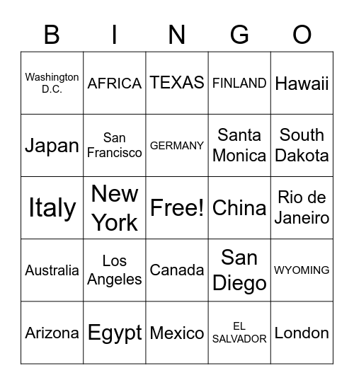 Vacations Bingo Card