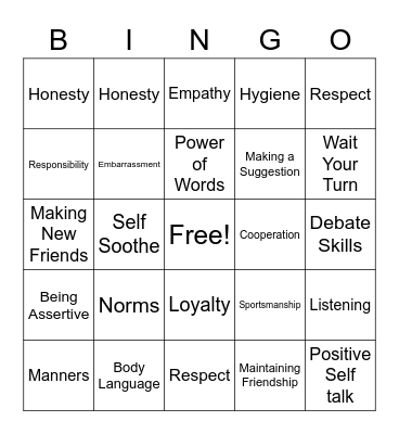 Social Skills Bingo Card