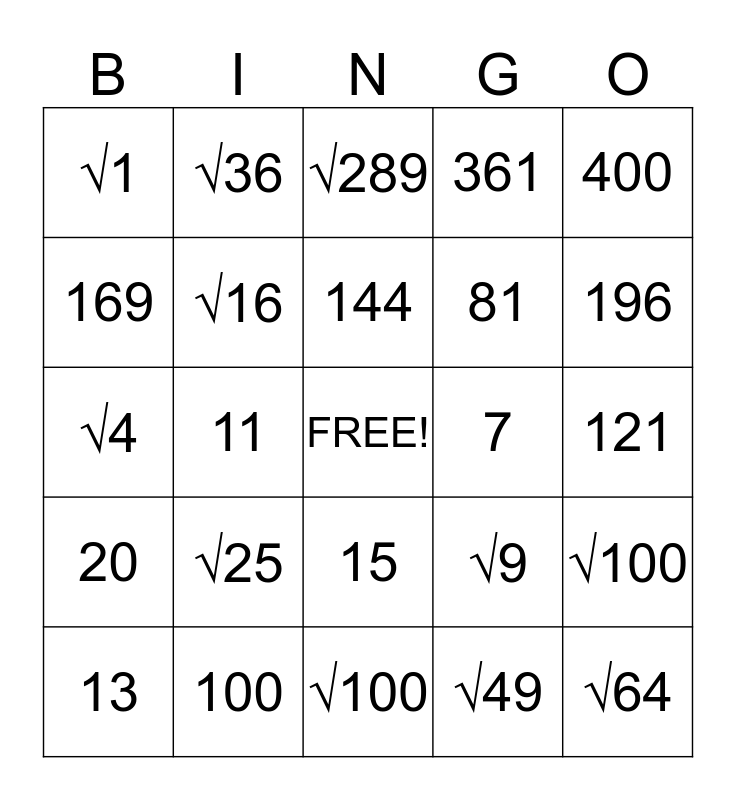 Squares and Square Root Bingo Card