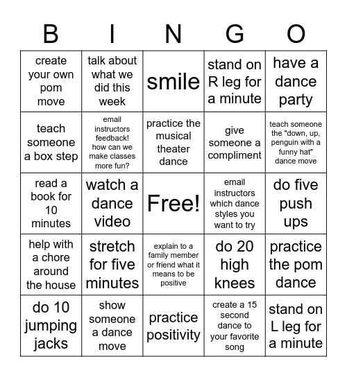 Dance Club Bingo Card