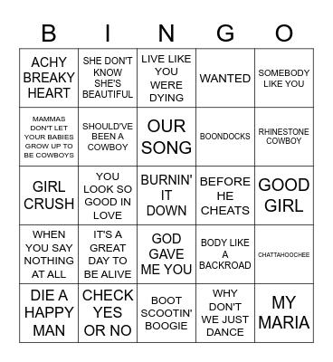 COUNTRY Bingo Card
