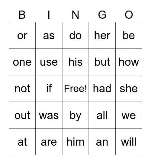 Sight Words Bingo Card