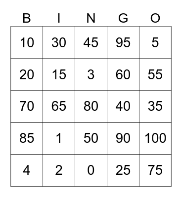 NUMBER BINGO Card
