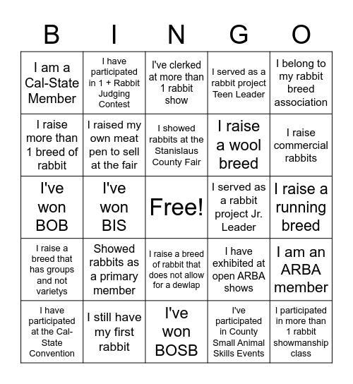 Rabbit 101 Bingo Card