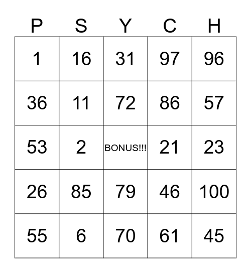 Psycho Bingo Card