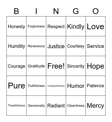 Virtues Bingo Card