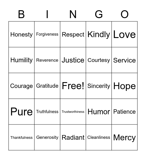 Virtues Bingo Card