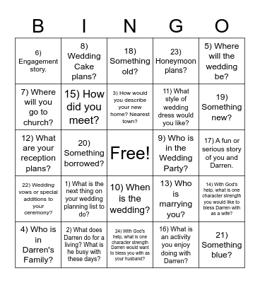 Cheryl & Darren Bingo Card